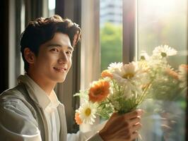 young man gives his friend flower bouquet in window photo