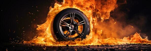 Car tire in fire on black background with large copy space photo