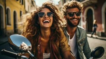 A Stylish Adventure Young, Beautiful Hipster Couple on a Motorcycle photo