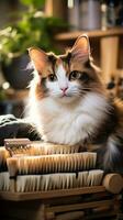 Cute calico cat being combed with a wooden brush in a cozy setting photo