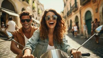 A Stylish Adventure Young, Beautiful Hipster Couple on a Motorcycle photo