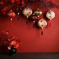 chinese lanterns with fan background on a red background photo