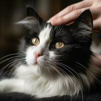 Furry black and white cat getting pampered by a gentle hand photo