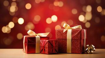 Christmas red gift boxes with gold bow on defocused holiday background with copy space photo