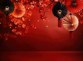 chinese lanterns with fan background on a red background photo