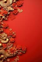 Chinese New Year red background with gold dragon with large copyspace area photo