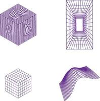 Wireframe Futuristic Shape With Wave Geometric Grid. Isolated Vector Set.