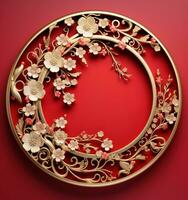 a gold chinese border frame and a red background photo