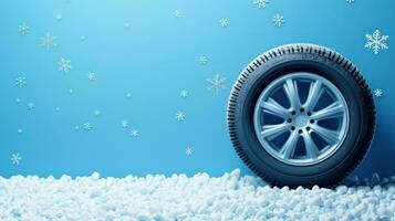 coche neumático con realista copos de nieve en azul antecedentes foto