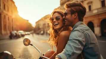 A Stylish Adventure Young, Beautiful Hipster Couple on a Motorcycle photo