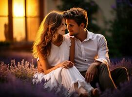 a couple sitting in lavender in the evening photo