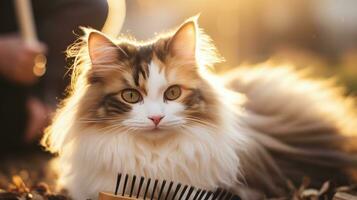 Cute calico cat being combed with a wooden brush in a cozy setting photo