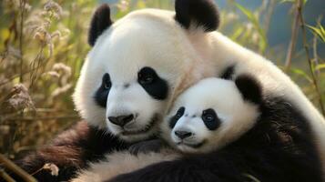 A mother panda and her cub snuggled up together for a nap photo