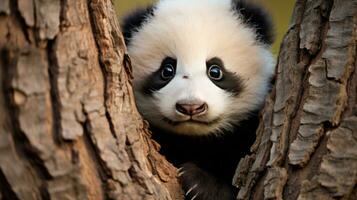 A panda cub peeking out from behind a tree trunk, looking curious photo