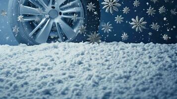 Car tire with realistic snowflakes on blue background photo