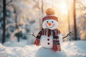 colorful snowman in a white hat and scarf sitting in front of a snowy forest in winter photo