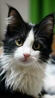 Furry black and white cat getting pampered by a gentle hand photo