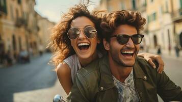 A Stylish Adventure Young, Beautiful Hipster Couple on a Motorcycle photo