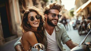 A Stylish Adventure Young, Beautiful Hipster Couple on a Motorcycle photo