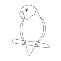 Doodle love bird sitting on a branch. Flat little exotic tropical parrot. Vector illustration on white background. Coloring picture. Good for T-shirts, posters, book covers, banners