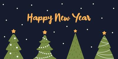 Vector Happy New Year banner. Template with Christmas trees and snow. Christmas banner, poster, greeting card of flyer design.