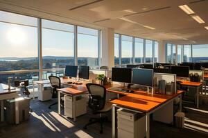 Separate workstations in one large office. A bright room with large windows, tables and comfortable chairs. photo