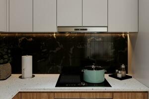 Electric Stove, Utensils, Cupboard, and White Cabinet allocated in a simple Kitchen interior photo