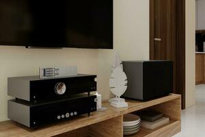 Amplifiers High Volume Sound-box on the TV Console table, 3D rendering photo