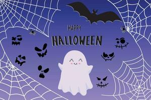 Happy Halloween banner or party invitation background with bats, ghosts and cobwebs. Vector illustration. Vector illustration