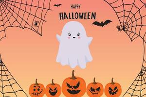 Happy Halloween banner or party invitation with Flying Ghost Boo, pumpkins and cobwebs. Vector illustration. Vector