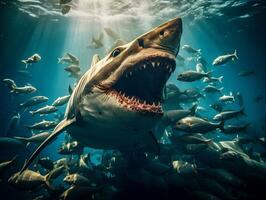 Dynamic Encounter Shark Attacking a School of Fish   generative ai photo