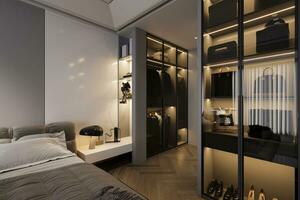 Two Black glass-door closets full of Clothes beside the bed, 3D rendering photo