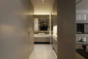 interior de moderno baño, hundir, espejo, gabinete dentro el interior, 3d representación foto