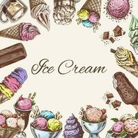 Vintage color ice cream template, hand-drawn. The concept of dessert, a sweet dish in a vintage doodle style. A template with an empty space in the center in the form of circle. vector