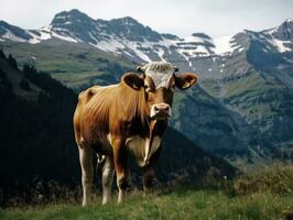 AI Generated Landscape Majestic Cow Grazing in the Alp Mountains photo