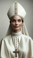 Portrait of a Beautiful Young Woman as the New Pope. Generative AI. photo