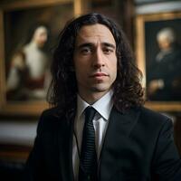 Sophisticated Modern Man with Long Curly Brown Hair, Classic Museum Canvases in the Background   Generative AI Photo