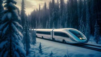 Futuristic Train Journey Through Frozen Forest   generative ai photo