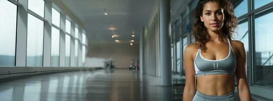Beautiful young woman in sportswear at the gym. Panoramic banner. photo