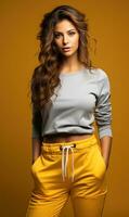 Beautiful young woman in casual clothes over yellow background. Studio shot. photo