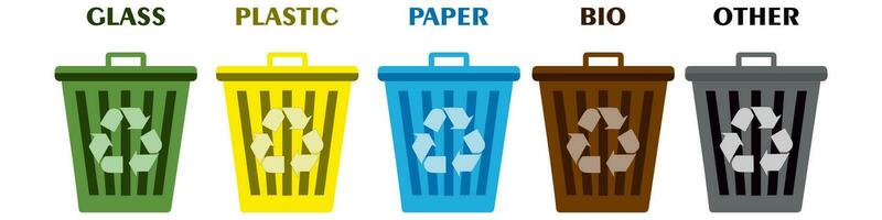 Trash can icon collection. Sorting Bins vector Flat illustration set. Separation concept. Plastic containers for garbage of different types. Waste management concept.