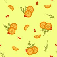 Navidad y contento nuevo año sin costura modelo. Navidad árbol, rojo bayas y mandarinas nuevo año simbolos vector plano dibujos animados ilustración, fiesta diseño para fondo de pantalla, envase papel, bandera.