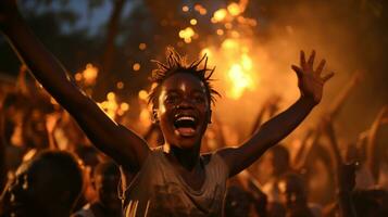 Portrait of a happy young african boy dancing near bonfire in Arusha, Tanzania, Africa. photo