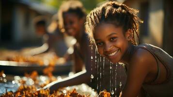 Young african kids having fun in a water at Mzuzu, Malawi. photo