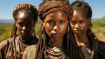 Three young women of the Hamer tribe in the wilderness of Africa. photo