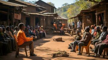 Residents of Saint-Louis, Senegal sit together at meeting in african village. photo