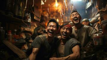 Portrait of happy group asian drunk men laughing in messy room, making crazy celebrations in the apartment. photo