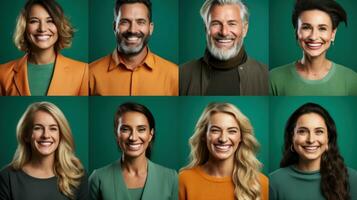 Portraits collage of happy smiling people in front of a green background. photo