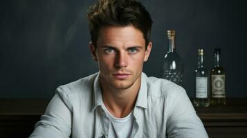 Portrait of a young alcoholic man sitting and looking at the camera against bottles of vodka. photo
