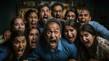 Angry shout group of indian people with open mouth looking at camera. photo